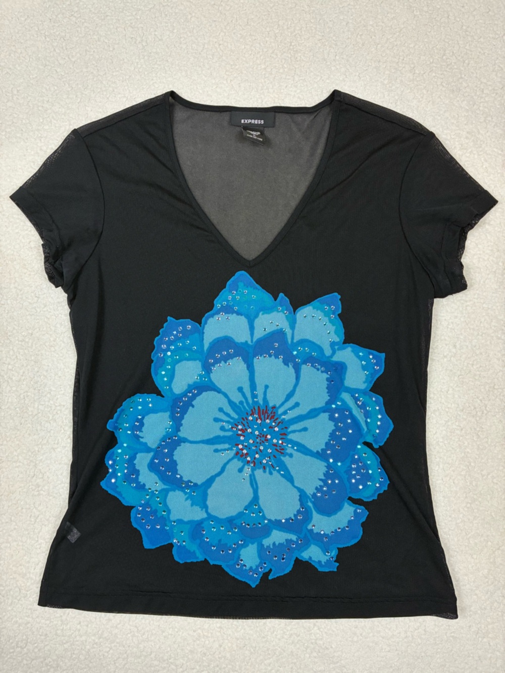 Vintage Express Mesh Flower Top with Rhinestones Sheer Y2K 90s Sz Large